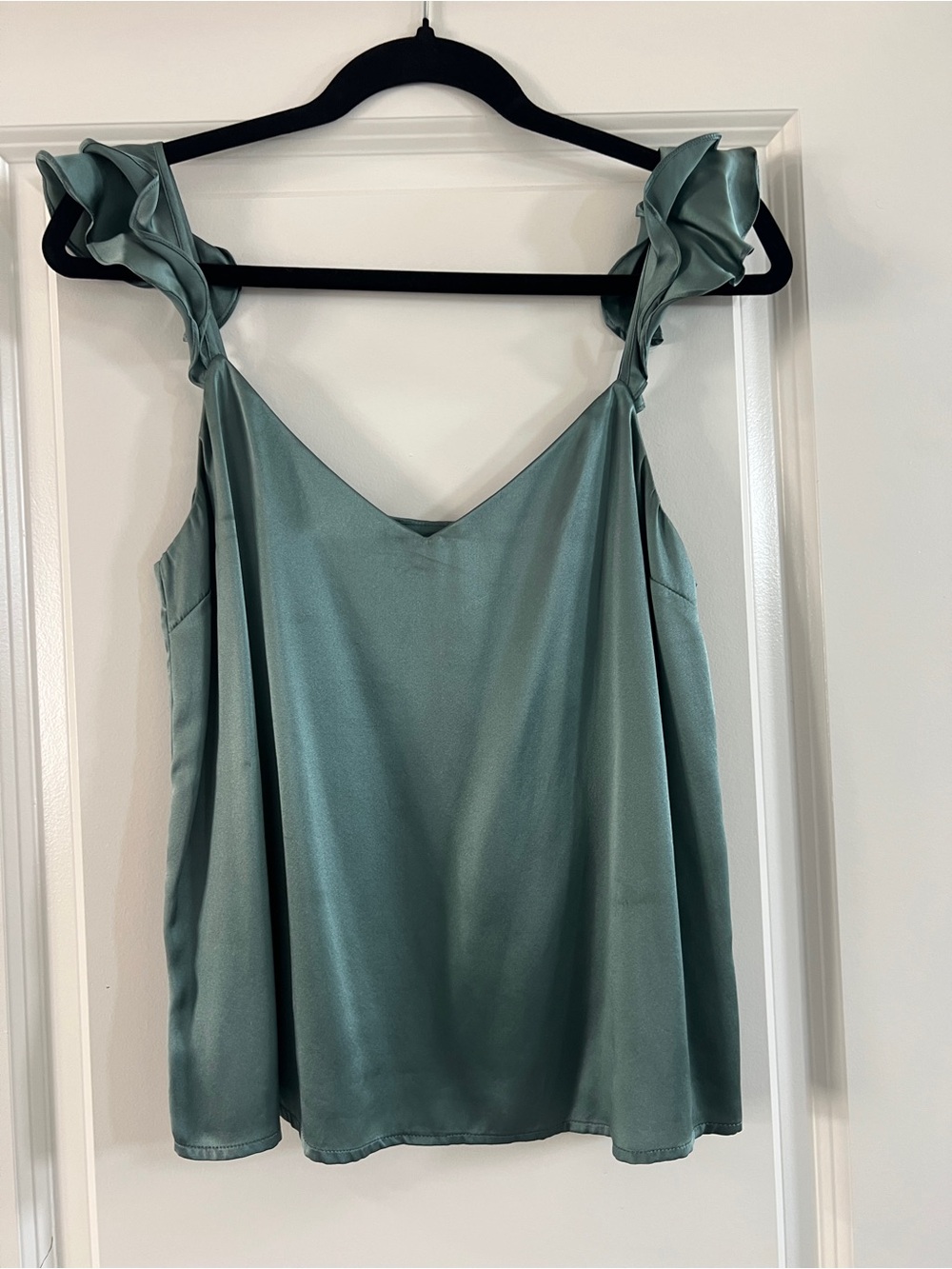 CAMI NYC Teal Satin Ruffle Strap V-Neck Camisole Top Women’s XS
